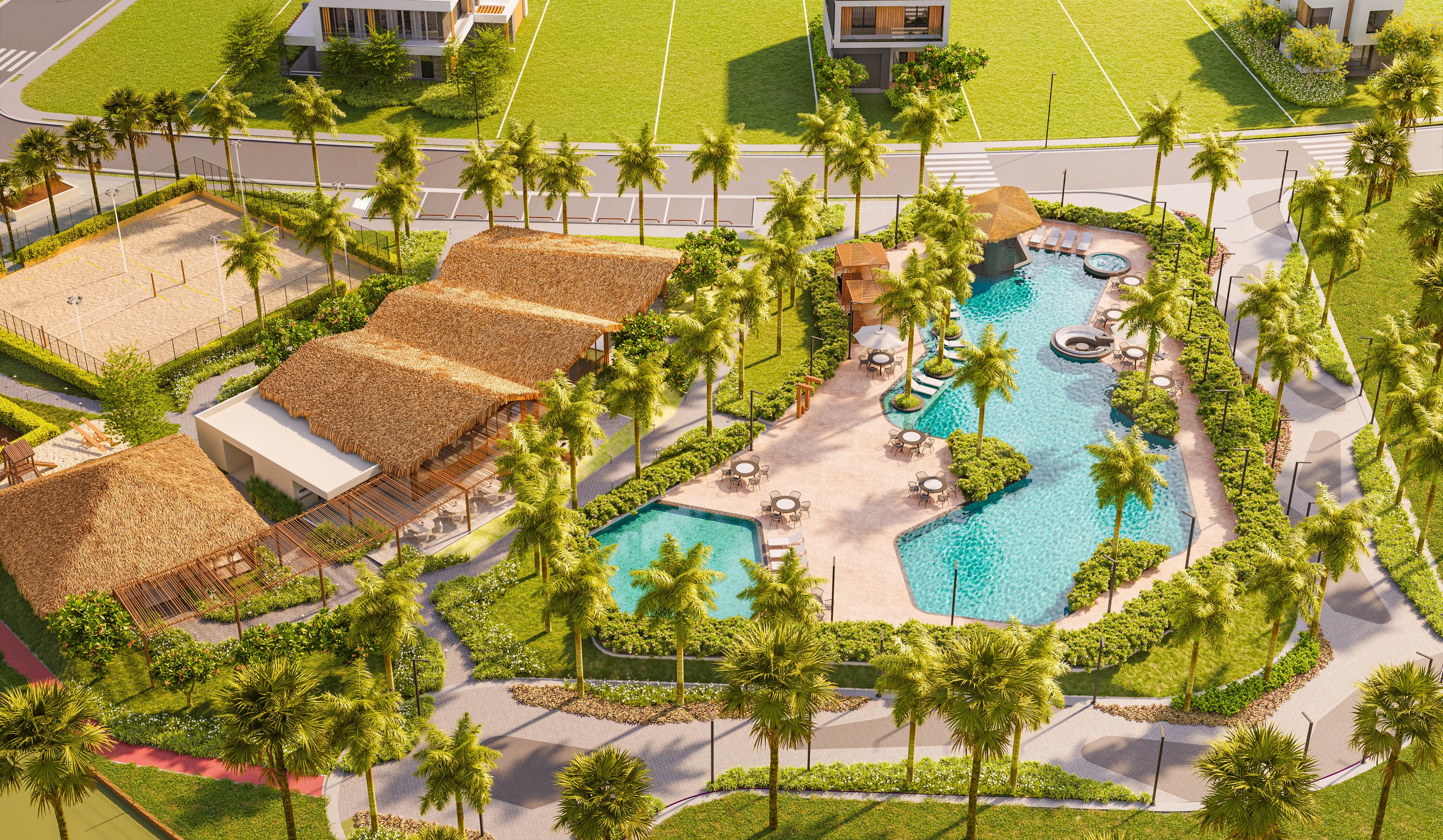 Aerial — club house and lagoon edge at Lago Living