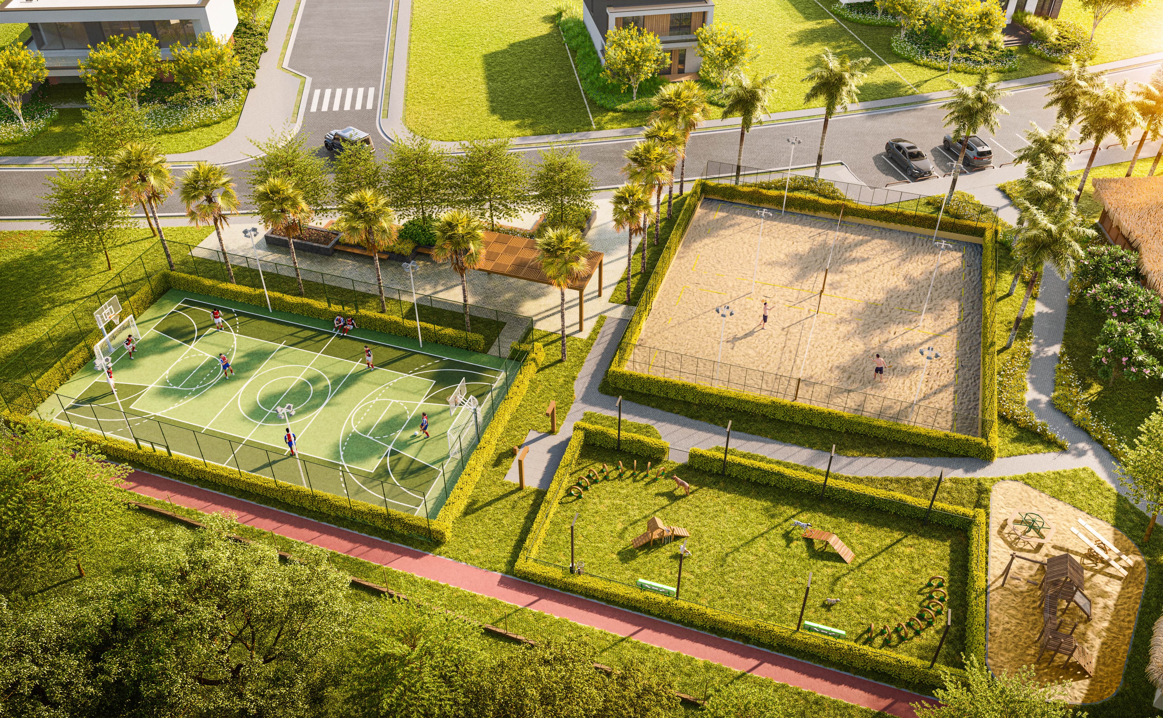 Aerial of sports courts and green squares at Lago Living