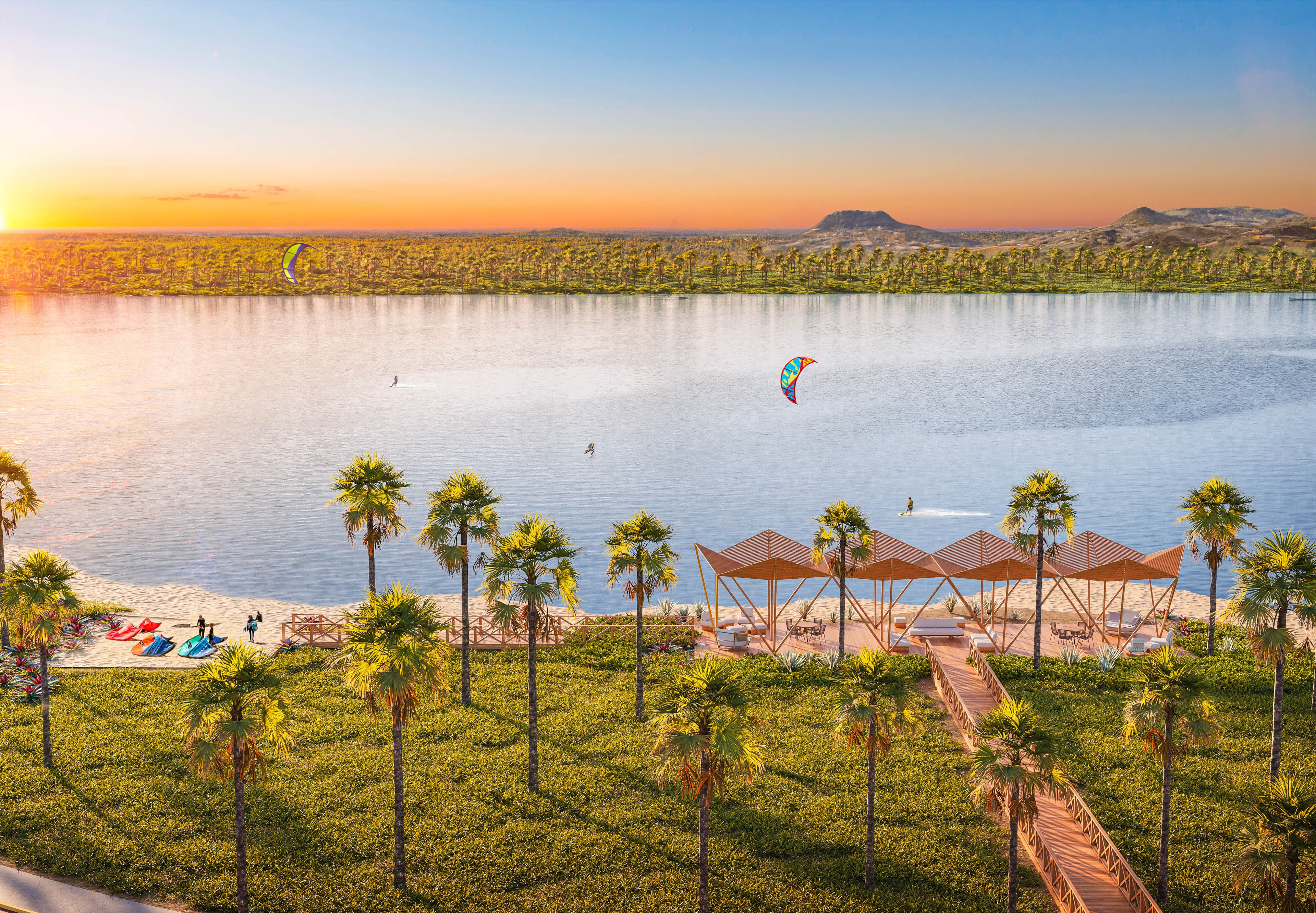 Aerial — kite lounge and lagoon at golden hour, Lago Living