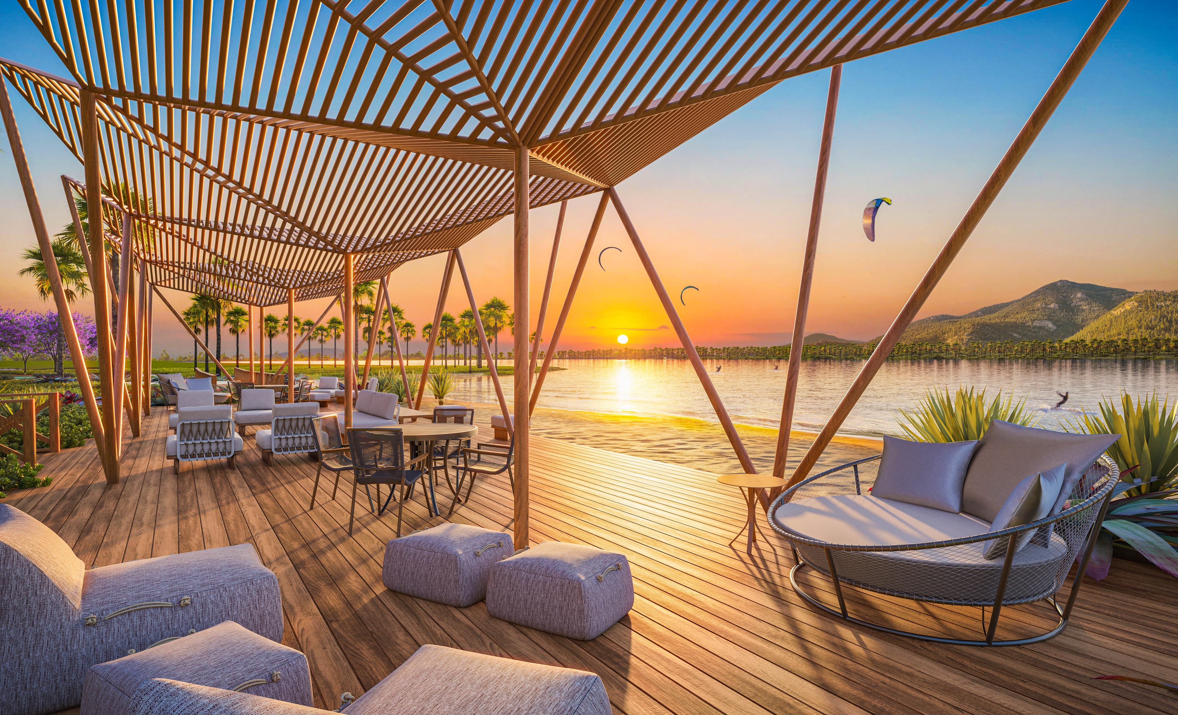 Sunset kite deck with daybeds overlooking the lagoon