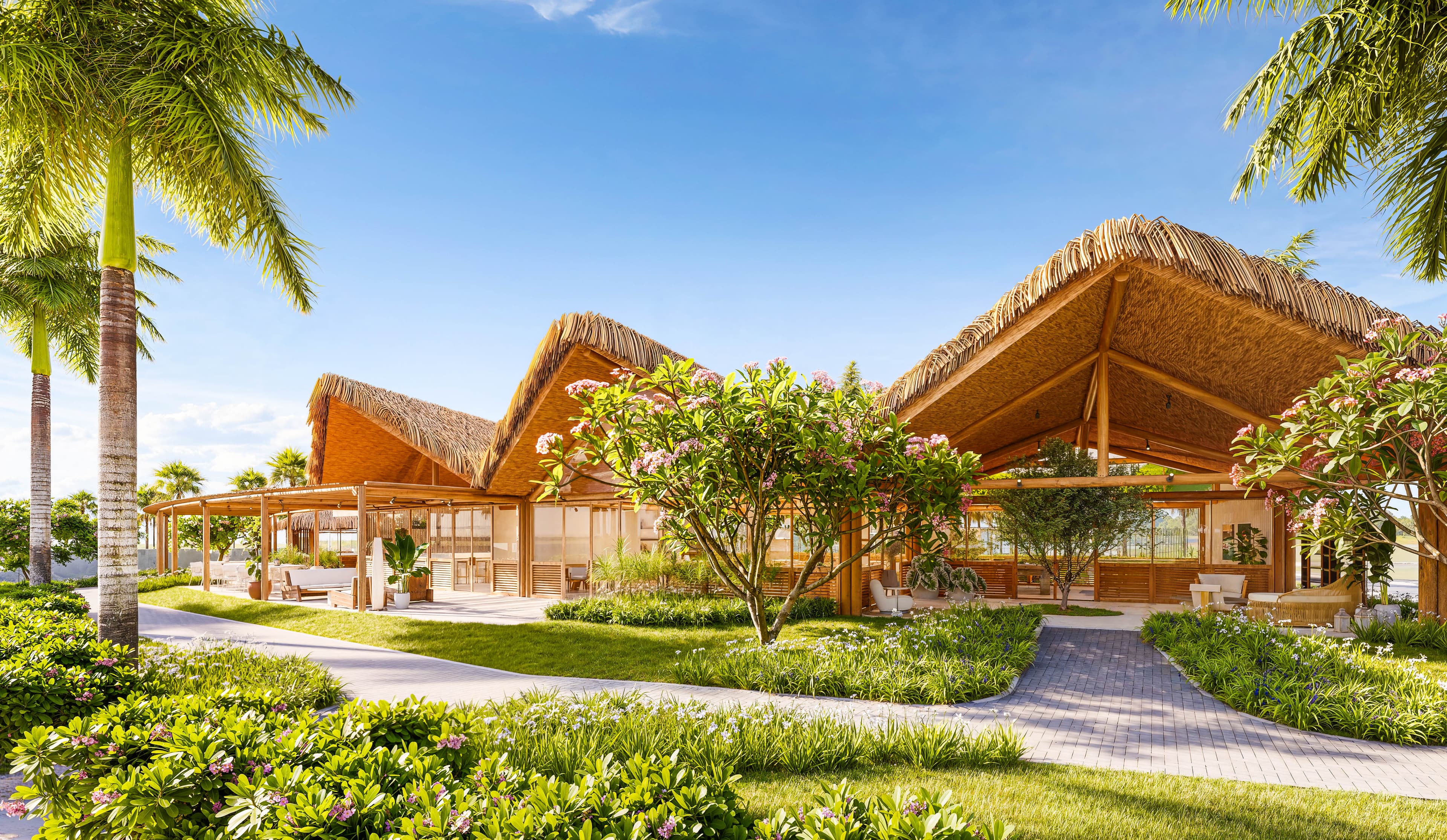 Festive terrace overlooking landscaped grounds, Lago Living