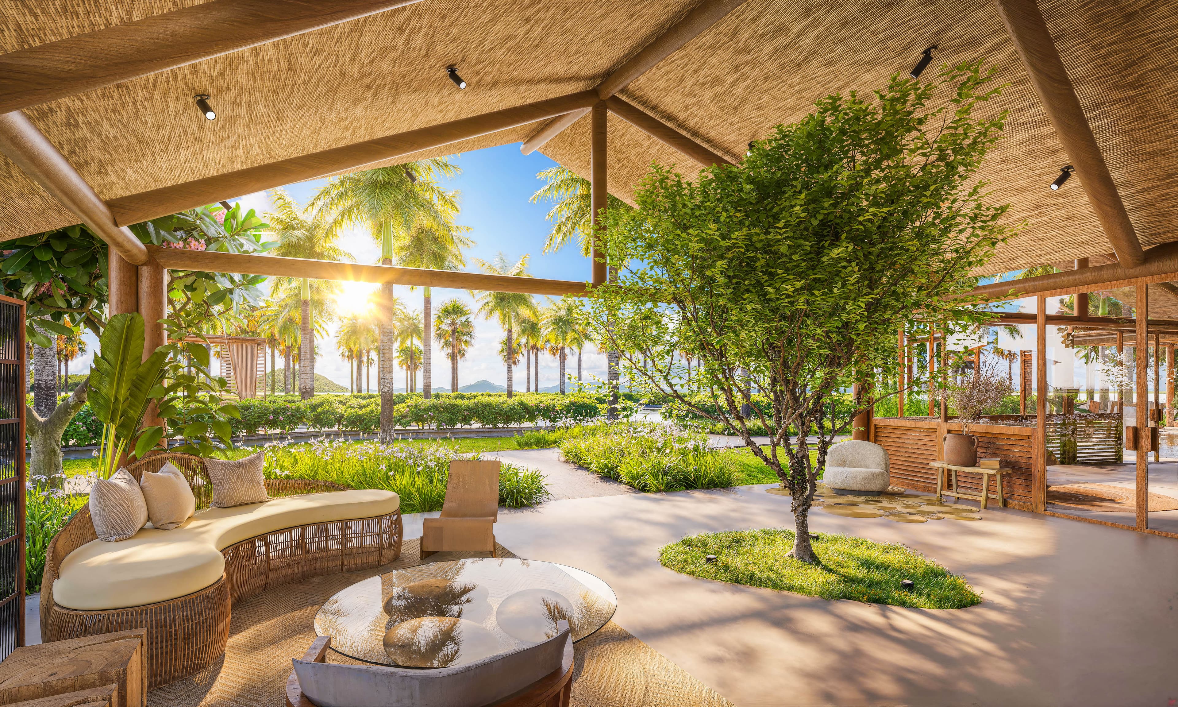 Club house lounge with thatch vault and indoor tree, Lago Living