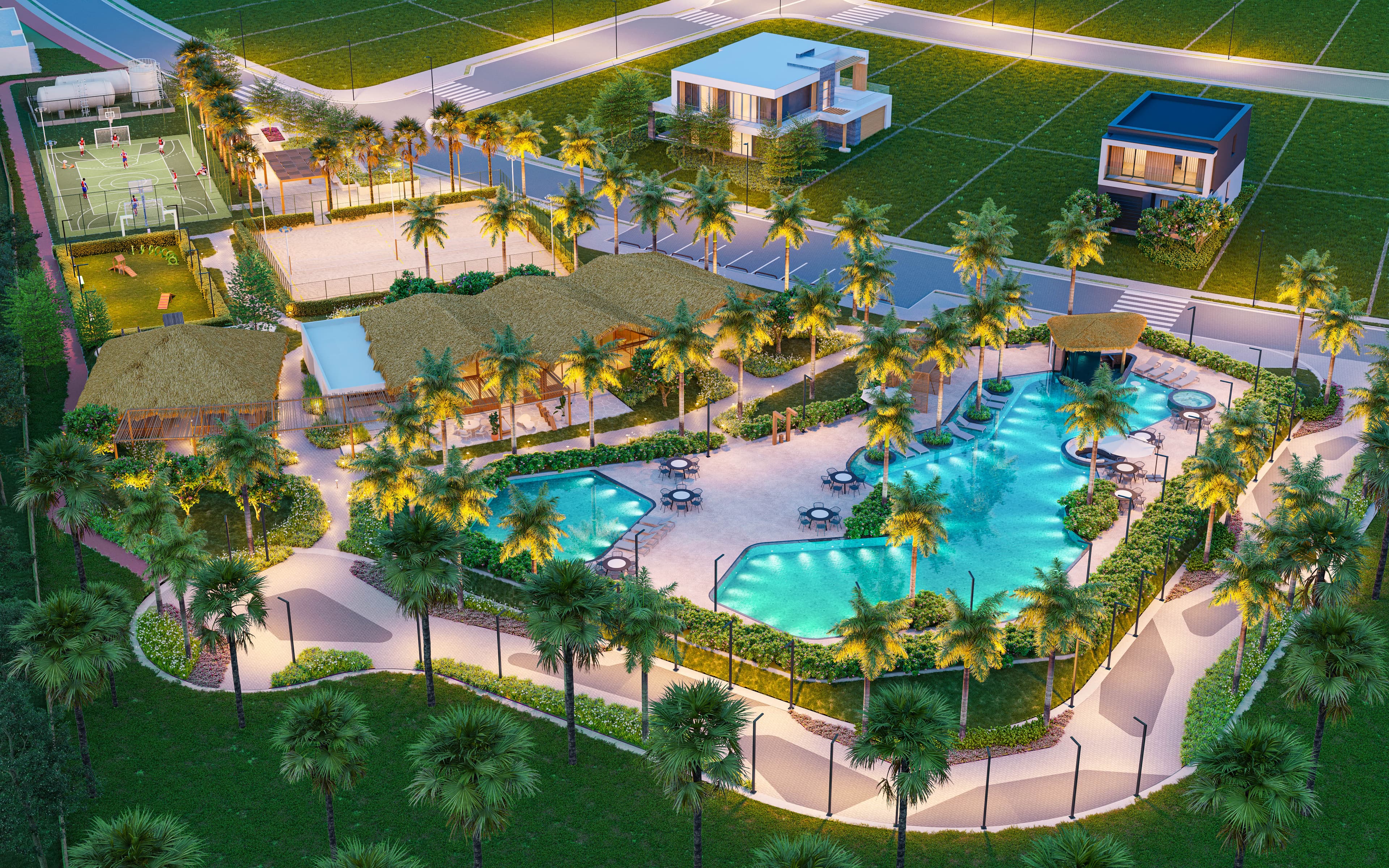 Night aerial of the club and pool at Lago Living
