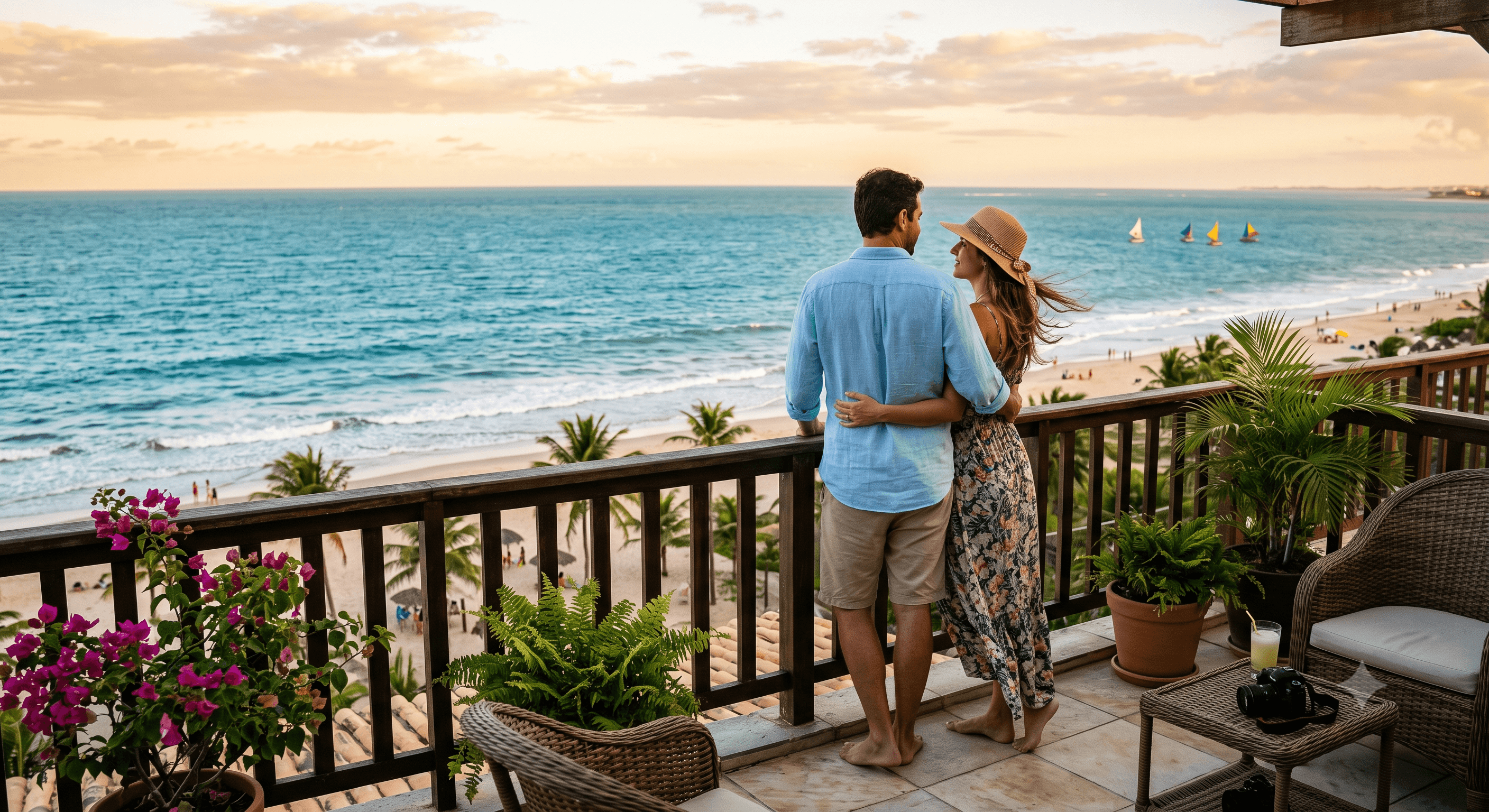 Couple looking at the ocean from a veranda on the Ceará coast