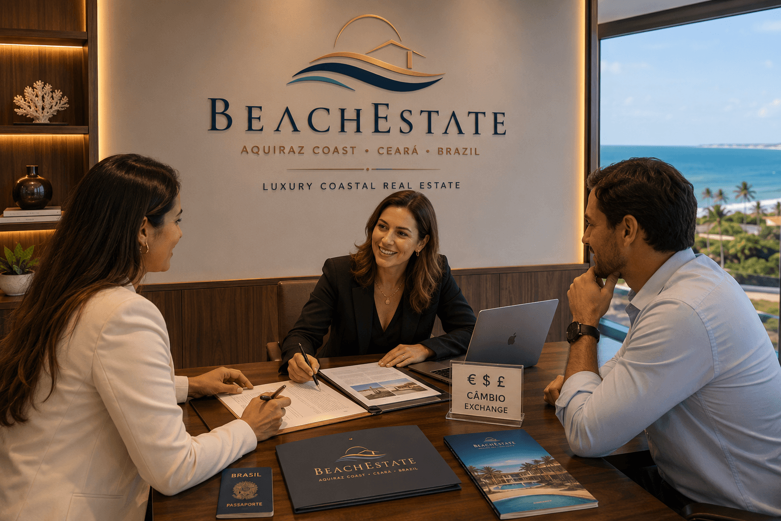 BeachEstate office: broker, buyer and currency specialist reviewing the dossier under the brand wall