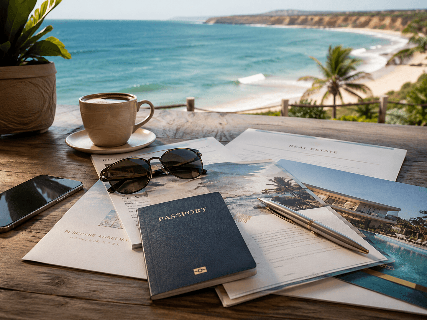 Passport and purchase documents on a desk by the sea