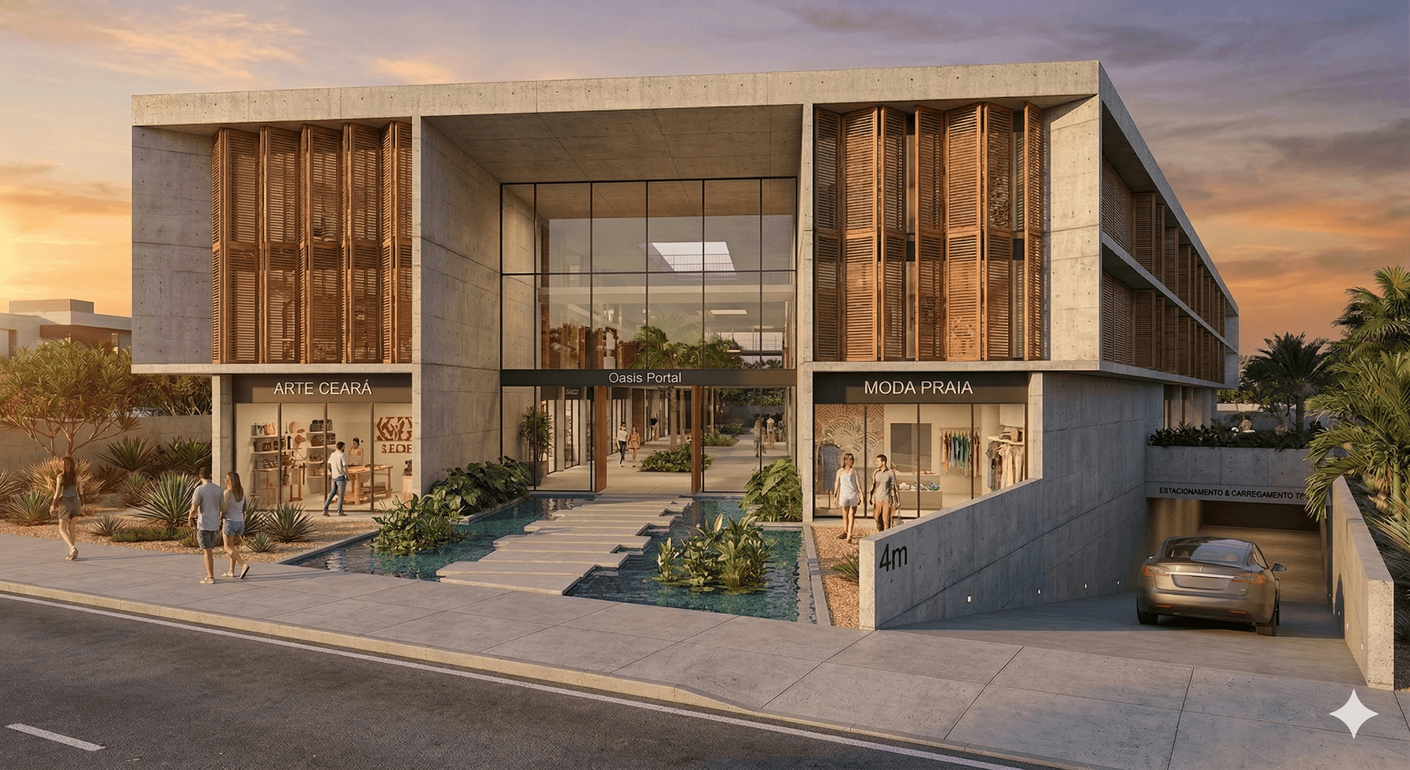 Commercial project delivered on the Ceará coast: shopfronts, water garden and covered parking