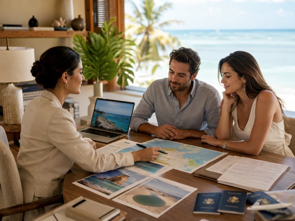 Concierge briefing a couple at the table — maps, passports and sea view