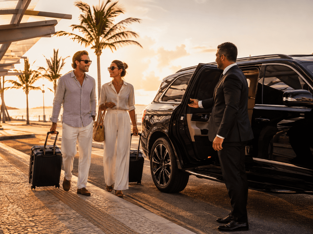 Driver holding the door as a couple arrives — fixed fare, golden hour