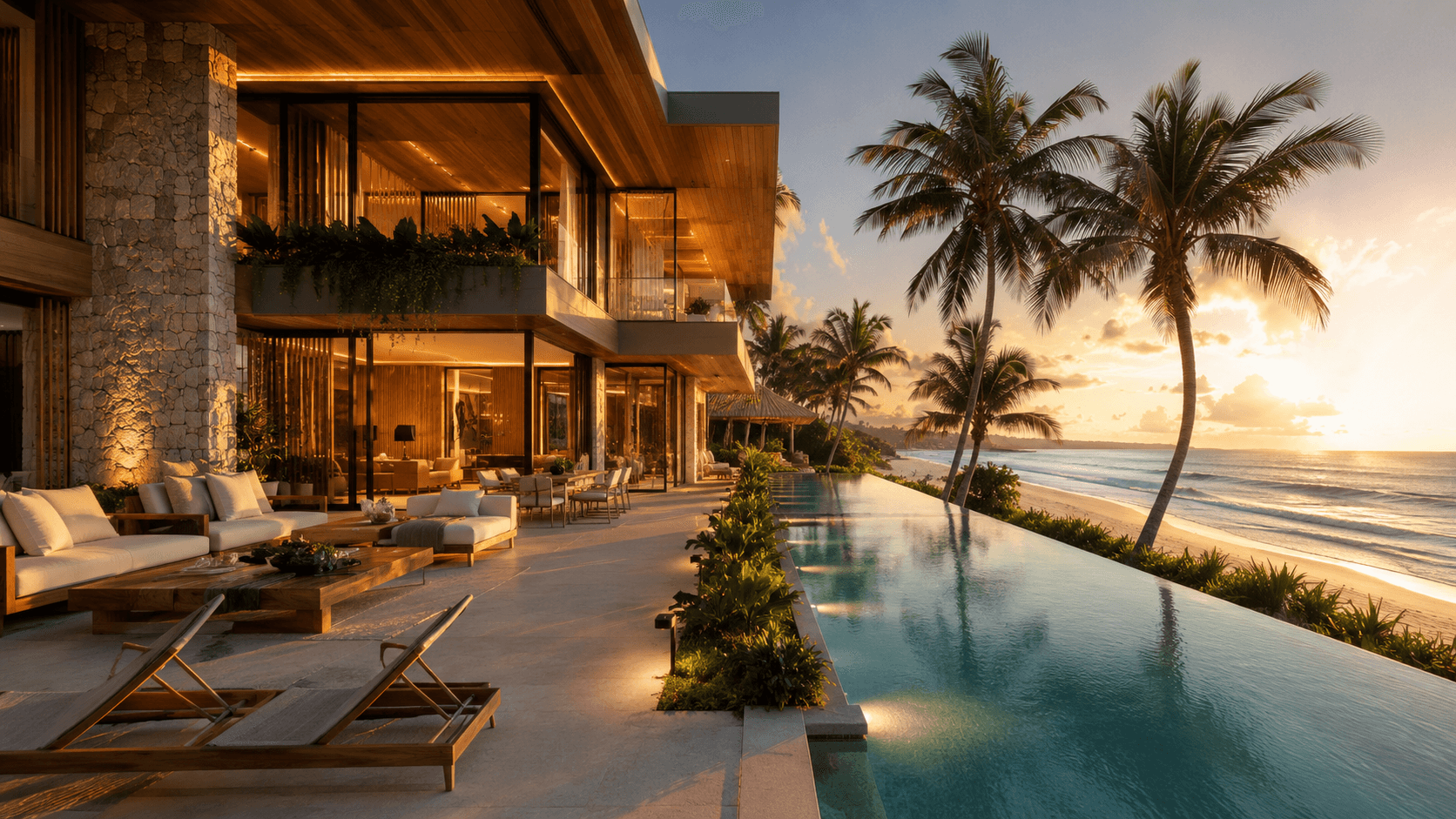 Villa di fronte al mare con piscina a sfioro al tramonto, sulla costa del Ceará