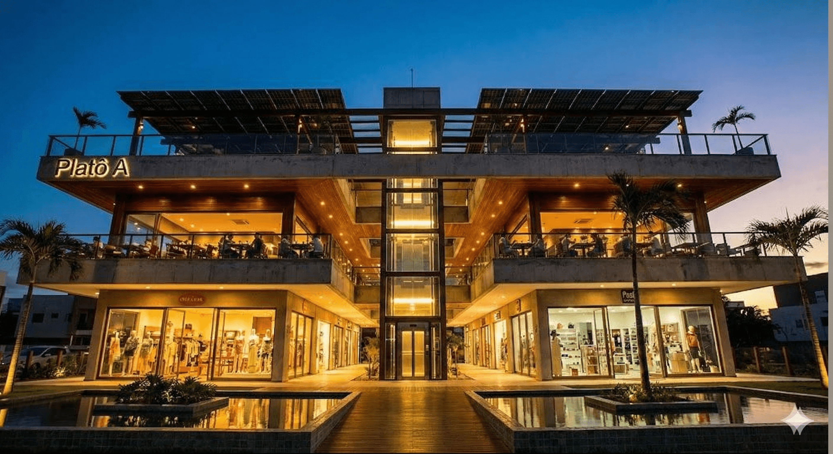 Beach Hub — terraces and rooftops at dusk